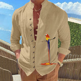 WIAOFELLAS  -  Men's Retro Style Long-Sleeved Shirt Stand-Up Collar Button up Parrot 3D Print Spring Autumn Fashionable Casual Shirt