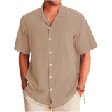 WIAOFELLAS  -  British Men'S Shirt New Summer Solid Color Casual Lapel Simple Breathable Top Comfortable Open-Collar Men'S Loose Beach Shirt