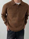 Wiaofellas  -  Fall Winter Men's Old Money Style Loungewear, LVLAEA Solid Color Lapel Button-Up, Loose Warm Long Sleeve Pullover Shirt