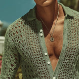 Wiaofellas  -  Autumn Hollow‑Out Knit Cardigan Mens Loose Fit Breath Button Breathable Long Sleeve Casual Tops For Men