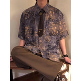 Wiaofellas  -  New Chinese Sle Danon Print ort Sve irt Men's Summer American Retro Loose Purple irt Polyester Fiber Casual Wear
