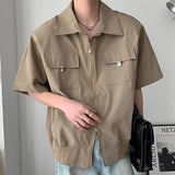 Wiaofellas  -  Streetwear Mens Y2K Shirts Oversize Casual Loose Solid Color Shirt Men Summer Trendy Patchs Pockets Zip-up Shirt Male Cardigans