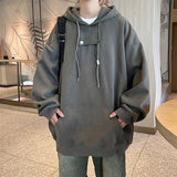 WIAOFELLAS  -  With Hat Hoodies Men Loose Chic Solid Drawstring Hooded Hoodie Simple All-match Spring Fashion Leisure Kangaroo Pocket Harajuku