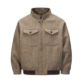 WIAOFELLAS  -  Contrast Color Stand Pockets Plaid Woolen Jacket for Men Patchwork Vintage Casual Baggy Windbreaker Coat Oversized Loose Clothes
