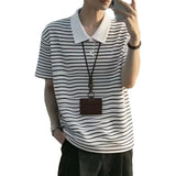 Wiaofellas  -  Red Striped Polo Shirt Short Sleeve Loose Fit Summer Slimming Turn Collar T-Shirt Premium Feeling Fitness Sport Sweatshirt