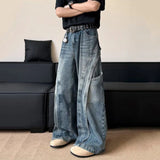 WIAOFELLAS  -  High Street Men's Jeans Deconstruction Solid Color Casual Wide Leg Menswear Loose Straight Simple Male Denim Pants