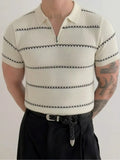 Wiaofellas  -  Summer Retro Striped Lapel Polo Shirt Men's Trendy Short Sleeved Knitted Sweater Pullover Slim Casual Business Social T-shirt