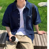 Wiaofellas  -  American Retro Blue Denim Short Sleeve Shirt Casual Loose Workwear Summer New Style Pocket Half Sleeve Shirt for Youth