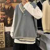 WIAOFELLAS  -  Men Sweater Vest Patchwork Simple Panelled Sleeveless Knit Sweaters Male Loose V-neck All-match Korean Preppy Style Streetwear