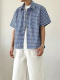 Wiaofellas  -  Trendy Mens Short Sleeve Shirt Tops Spring Summer Vintage Plaid Printing Shirts Men Casual Button-up Turn-down Collar Shirt