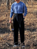 Wiaofellas  -  Streetwear Fashion Mens Suit Pants Spring Summer Casual Loose Straight Trousers Men Vintage Solid Belt-up High Waist Pants