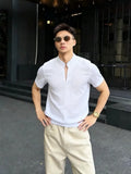 Wiaofellas  -  Summer Stand Up Collar Short Sleeved T-shirts Men Loose Casual Social Pullover Vacation Beach Hawaiian T-shirt Men Clothing