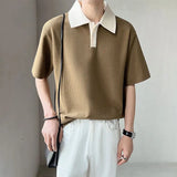 Wiaofellas  -  Summer Button Breathable Short Sleeve Waffle Elasticity Turn-down Loose T-Shirt Patchwork Korean Business POLO Oversize Shirt