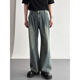 Wiaofellas  -  New American Retro Men Washed Denim Jeans Pleated Waist Loose Wide Leg Straight Trousers Casual Vintage Long Pants Daily Outfit