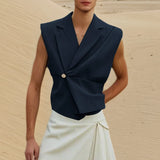 WIAOFELLAS  -  Men Vests Solid Color Lapel Sleeveless Loose One Button Male Waistcoats Streetwear 2025 Casual Fashion Crop Vests Men