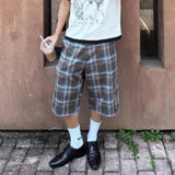 Wiaofellas  -  Retro American Plaid Casual Pants Loose Straight Leg Wide Leg Seven-Foot Slimming Shorts for Men And Women