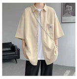 WIAOFELLAS  -  Fashion Men's Solid Color Pocket Design Short Sleeves Blouse Trendy Single-breasted Lapel Casual Shirts Male Summer