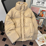 Wiaofellas  -  Men's Winter Thiened PU Leather Cotton Jacket Loose Fit Stand Collar American Retro Style Warm Outerwear Coat for Teens