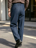 Wiaofellas  -  SS Men's Neapolitan Tailored Trousers, Denim‑Look Woven Double Pleat Paris Buckle High‑rise Straight‑Leg Business Casual Pa