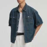 WIAOFELLAS  -  American Style Men's Denim Shirts Lapel Pocket Solid Color Short Sleeve Loose Tops Single Breasted Male Shirt Chic