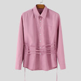 WIAOFELLAS  -  Men Shirt Solid Lapel Long Sleeve Lace Up Casual Men Clothing Loose Streewear Fashion Leisure Tops Male Shirts S-5XL