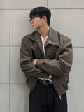 WIAOFELLAS  -  Korean Style Men's Jackets PU Leather Solid Color Turn-down Collar Loose Menswear Casual Zipper Male Coats 2025 Spring