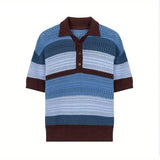 WIAOFELLAS  -  Mens T Shirts Summer New High-end Designed Americian Retro Style Hollow Knitted POLO Collar Colored Striped Short-sleeved Top
