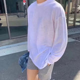 WIAOFELLAS  -  Fashionable Simple Long Sleeved T-shirt Solid Color Loose Sunscreen Tops Korean Slightly Transparent Thin Men's Bottom Tshirts