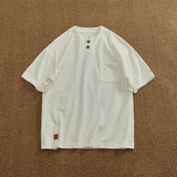 WIAOFELLAS  -  Vintage button-down short sleeve T-shirt Men's patchwork loose heavy double cotton pocket T-shirt