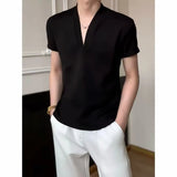 Wiaofellas  -  Korean Fashion V-neck T-shirt for Men Summer Short Sleeve Casual T-shirts Solid Color Versatile Business Social T-shirts M-5XL