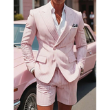 WIAOFELLAS  -  Men's Pink Striped Peak Lapel Single Breasted Suit Set Blazers Short Pants Daily Casual Sporty Suit For Wedding Banquet Suits
