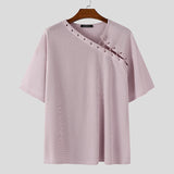 WIAOFELLAS  -  Men T Shirt Solid Short Sleeve Drawstring Lace Up Loose Male Tee Tops Streetwear Summer 2025 Korean Style Men Clothing