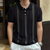 Wiaofellas  -  Stylish Slim Short Sleeve Knit Polo Shirt Men Summer Casual Breathable Hollow Out Polo Shirts Vintage Striped Crochet Polo Tops