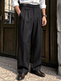 Wiaofellas  -  Men SS Neapolitan Style Solid Woven High Waist Loose Straight Suit Trousers Elegant Daily Commuter Formal Business Pants