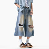 WIAOFELLAS  -  Summer Men's Jeans Contrast Color New Hole Dirty Dying New Washing Worn-out Wide Leg Loose Male Denim Shorts Tide