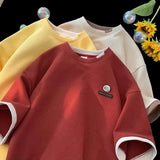 WIAOFELLAS  -  Waffle Colour Block False Two Piece T-Shirt Trendy Loose Fit Casual Clothing Men's Half Sleeve T-shirt Breathable Waffle Tops