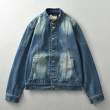 WIAOFELLAS  -  Vintage do old locomotive American tooling stand collar all loose denim jacket heavy wash craft coat male fashion