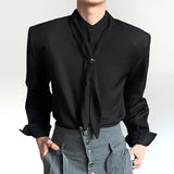 WIAOFELLAS  -  Men Shirt Solid Color Stand Collar Long Sleeve Men Clothing With Tie Streetwear Loose 2026 Fashion Casual Men Clothing