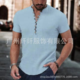 Wiaofellas  -  Men's Short Sleeve Linen Shirt Summer Lightweight Casual V-Neck T-Shirt Men Basic Solid Color Loose Fit Top