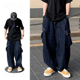 WIAOFELLAS  -  Loose Large Pockets Cargo Jeans Men and Women Korean Fashion Streetwear Straight Wide-leg Pants Retro Hip-hop Drape Long Pants