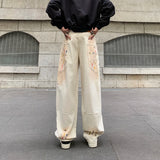 WIAOFELLAS  -  New trendy loose straight tube printed off white washed denim jeans