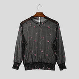 Wiaofellas  -  Men's T Shirt Mesh Flower Embroidery See Through Male Vests Streetwear Summer Sexy Long Sleeve O-neck Men Clothes