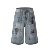 WIAOFELLAS  -  Pattern Printing Men's Denim Shorts American Style Casual Straight Leg Loose Contrast Color Streetwear Male Jeans