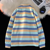 WIAOFELLAS  -  Men Sweatshirt Spring Campus Colors Striped Print Patchwork Turndown Collar Tops Harajuku Women Sweatshirts Pullover