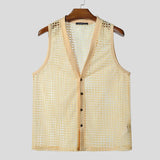 WIAOFELLAS  -  Men Tank Tops Mesh Hollow Out Solid Button Male Vests See Through Streetwear Summer 2025 Sleeveless V Neck Men Clothing