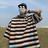 WIAOFELLAS  -  Japanese Striped Spliced Short-sleeved Shirt Summer Cityboy O-Neck T-shirt Oversize Pure Cotton Green Shirt Preppy Streetwear