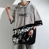 Wiaofellas  -  Summer Men's Pullovers New Fashion Hong Kong Style Hooded Cotton Half Sleeve Drawstring Letter Contrasting Colors Tops