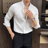 WIAOFELLAS  -  Spring Autumn Stretchable Men Shitrs Stand Collar Single-breasted Long Sleeve Men's Striped Shirt Fashion Handsome Streetwear