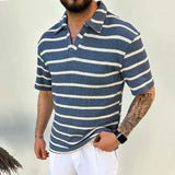 WIAOFELLAS  -  Men's Casual Striped Knitted Polo Shirt Streetwear Short Sleeve Tees for Men Tees Shirts Breathable Vintage Luxury Clothing