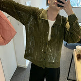 Wiaofellas  -  fall outfits men Men's Hollow Out Knit Luxury Cardigan Sweater Leisure Long Sleeve Solid Color Vintage Korean Popular Button-down Knitwear
